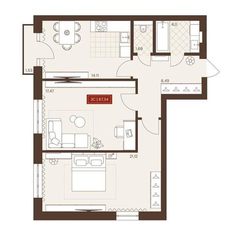 Вариант №16211, 3-комнатная квартира в жилом комплексе Apartville на Кошурникова