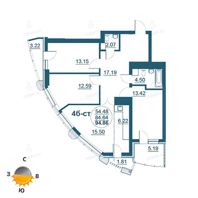Планировка 4-комн. студия площадью 94.86 м<sup>2</sup> в ЖК Флотилия