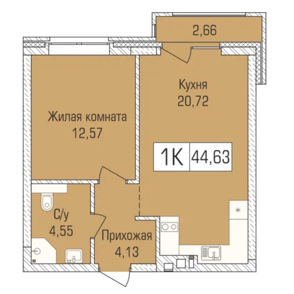 Планировка 2-комн. студия площадью 44.63 м<sup>2</sup> в ЖК Цивилизация