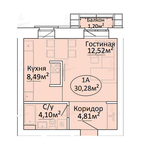 Вариант №2191, 1-комнатная квартира в жилом комплексе Малахит