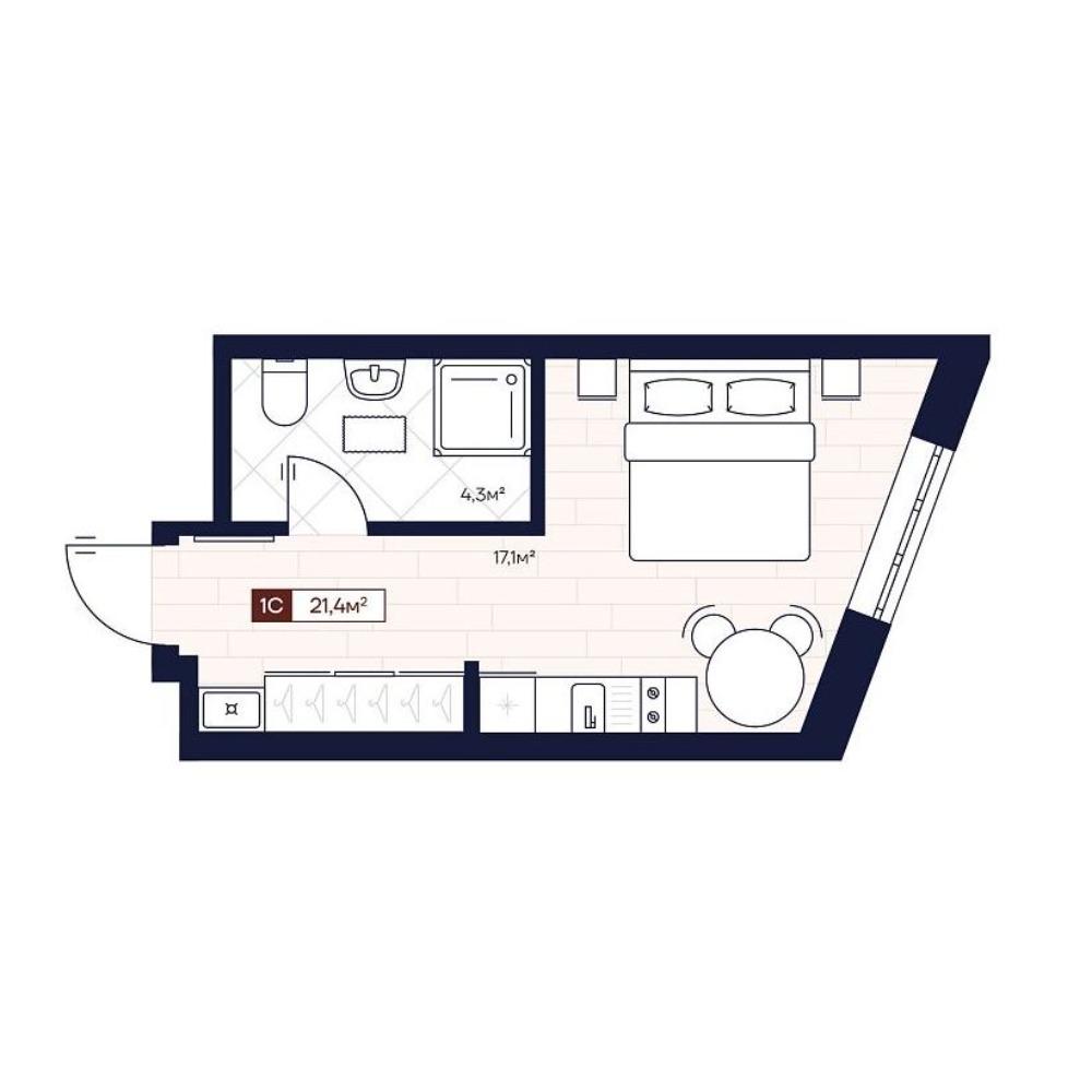 Планировка 1-комн. студия площадью 21.4 м<sup>2</sup> в ЖК Apartville на Кошурникова