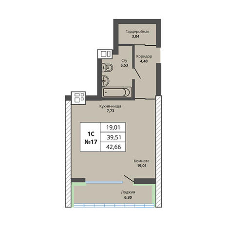 Вариант №2970, 1-комнатная квартира в жилом комплексе Prime House