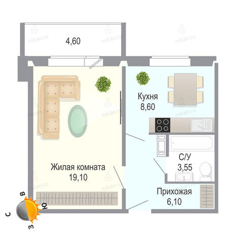 Вариант №1389, 1-комнатная квартира в жилом комплексе Чеховский